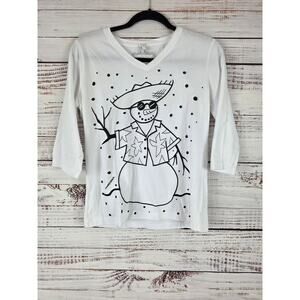 Marushka Top M Womens 100% Cotton‎ White Snowman Print V Neck Art
